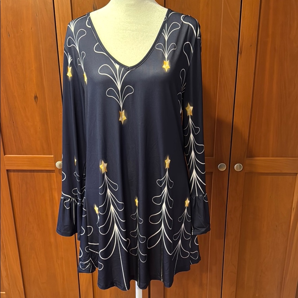 Blue, White, and Yellow Bell Cuff Tunic Top with Christmas Trees